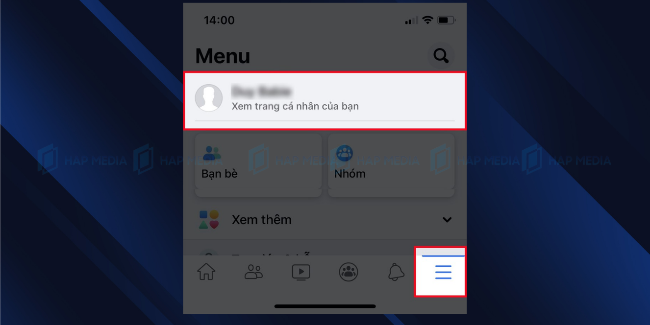 Bước 1: Mở ứng dụng Facebook và nhấn vào biểu tượng ba dấu gạch ở góc dưới bên phải trên iOS hoặc góc trên bên phải trên Android. Sau đó, chọn trang cá nhân của bạn.