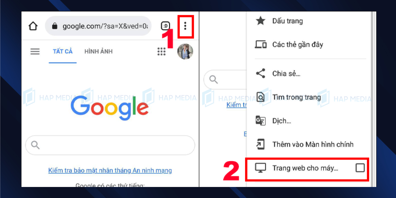 Bước 1: Mở trình duyệt Google Chrome trên điện thoại > Nhấn vào biểu tượng dấu ba chấm ở góc phải phía trên > Chọn Trang web cho máy tính. cách xem ai vừa vào tường facebook của mình