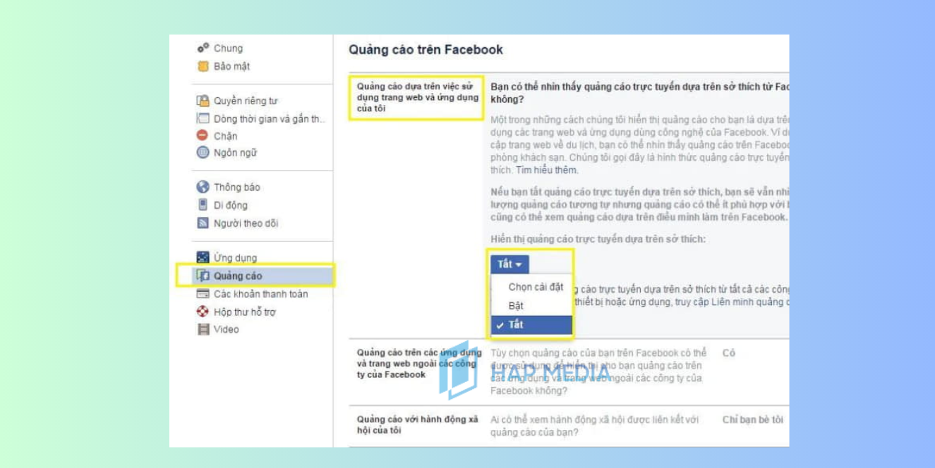 Cách chặn quảng cáo trên Facebook dựa trên sở thích bước 2