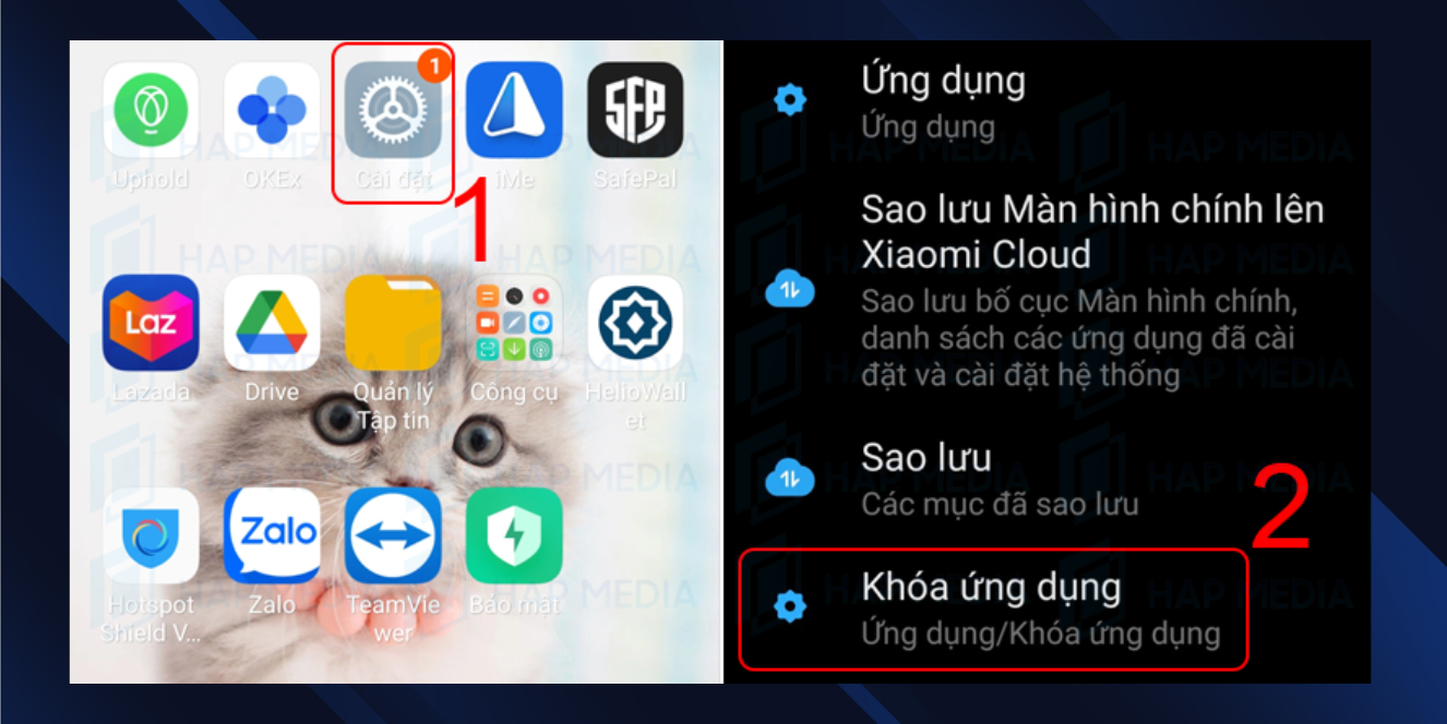 Bước 1: Truy cập vào mục “Cài đặt” trên màn hình chính và chọn “Khóa ứng dụng”. cách đặt mật khẩu messenger