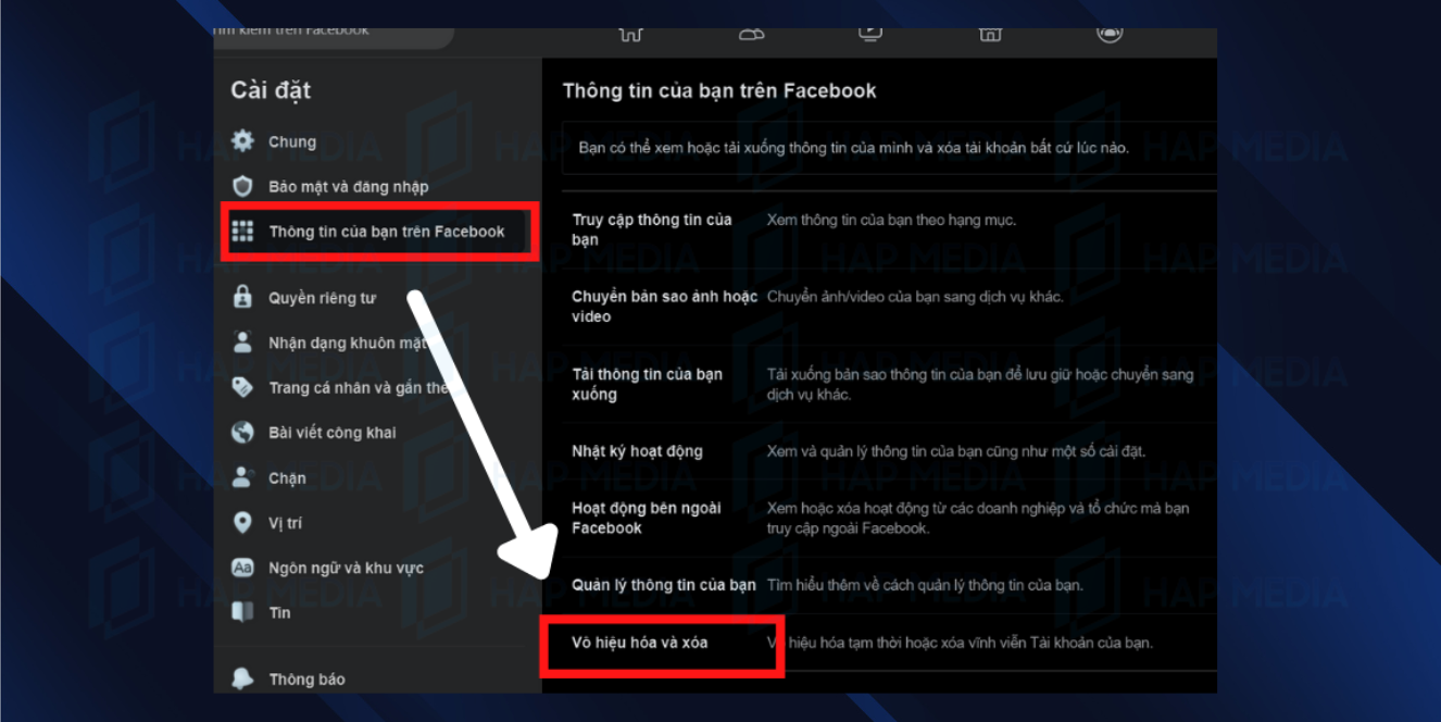 Bước 2: Chọn "Thông tin của bạn trên Facebook" -> "Vô hiệu hóa và xóa". cách khóa messenger