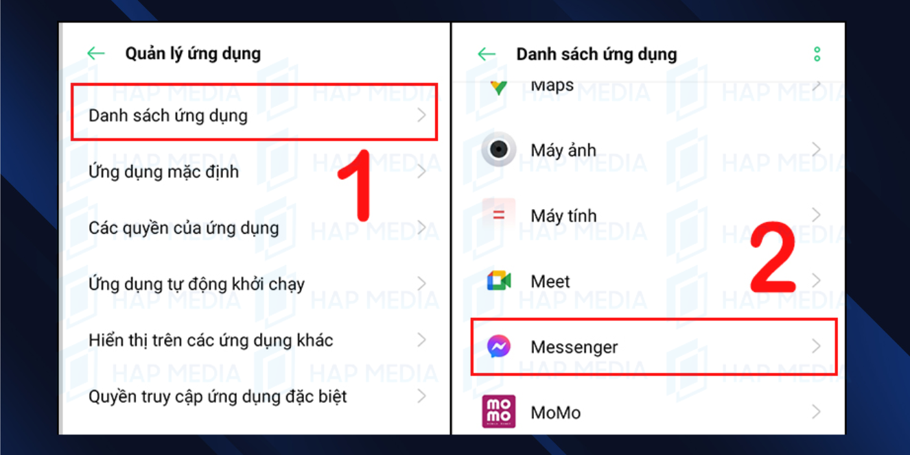 Bước 2: Chọn phần Danh sách ứng dụng > chọn tiếp Messenger. cách gỡ tài khoản trên messenger