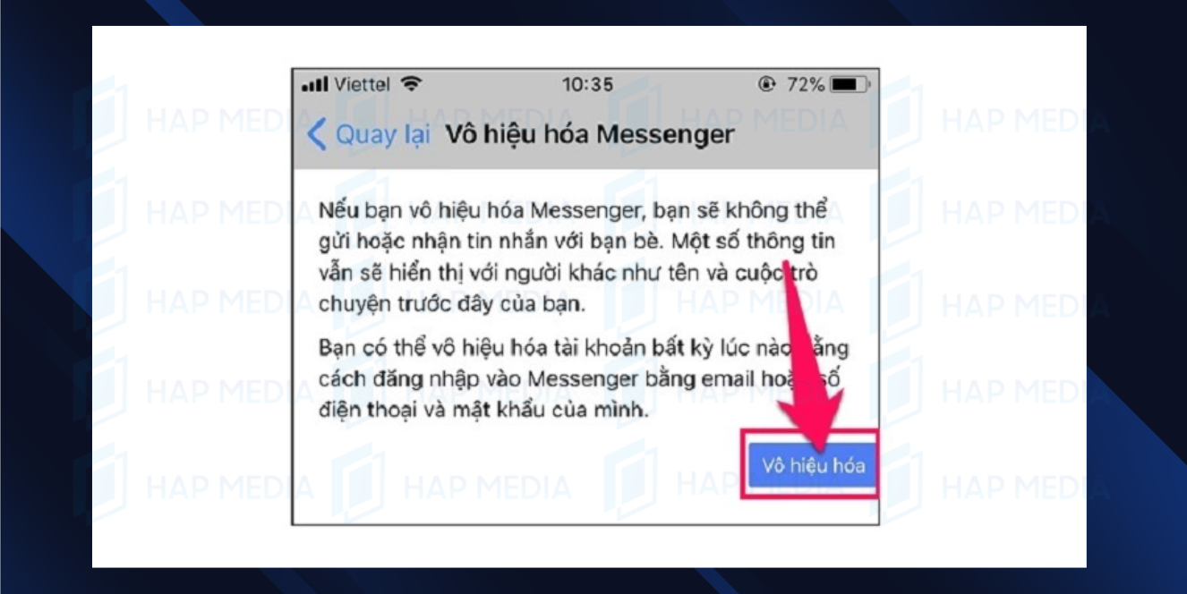 Bước 3: Nhập lại mật khẩu và nhấn "Tiếp tục". Sau đó, chọn "Vô hiệu hóa" để hoàn tất quá trình khóa Messenger trên điện thoại. cách khóa messenger