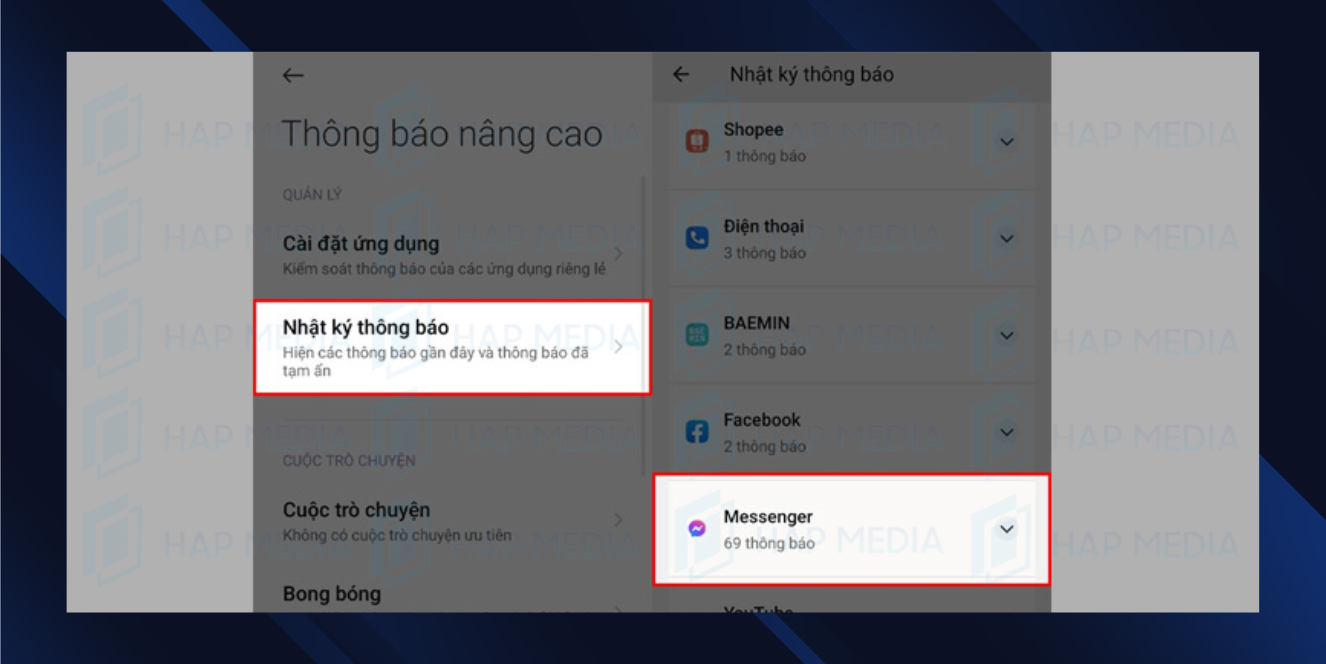 Bước 3: Truy cập Nhật ký thông báo, bật công tắc Sử dụng nhật ký thông báo.