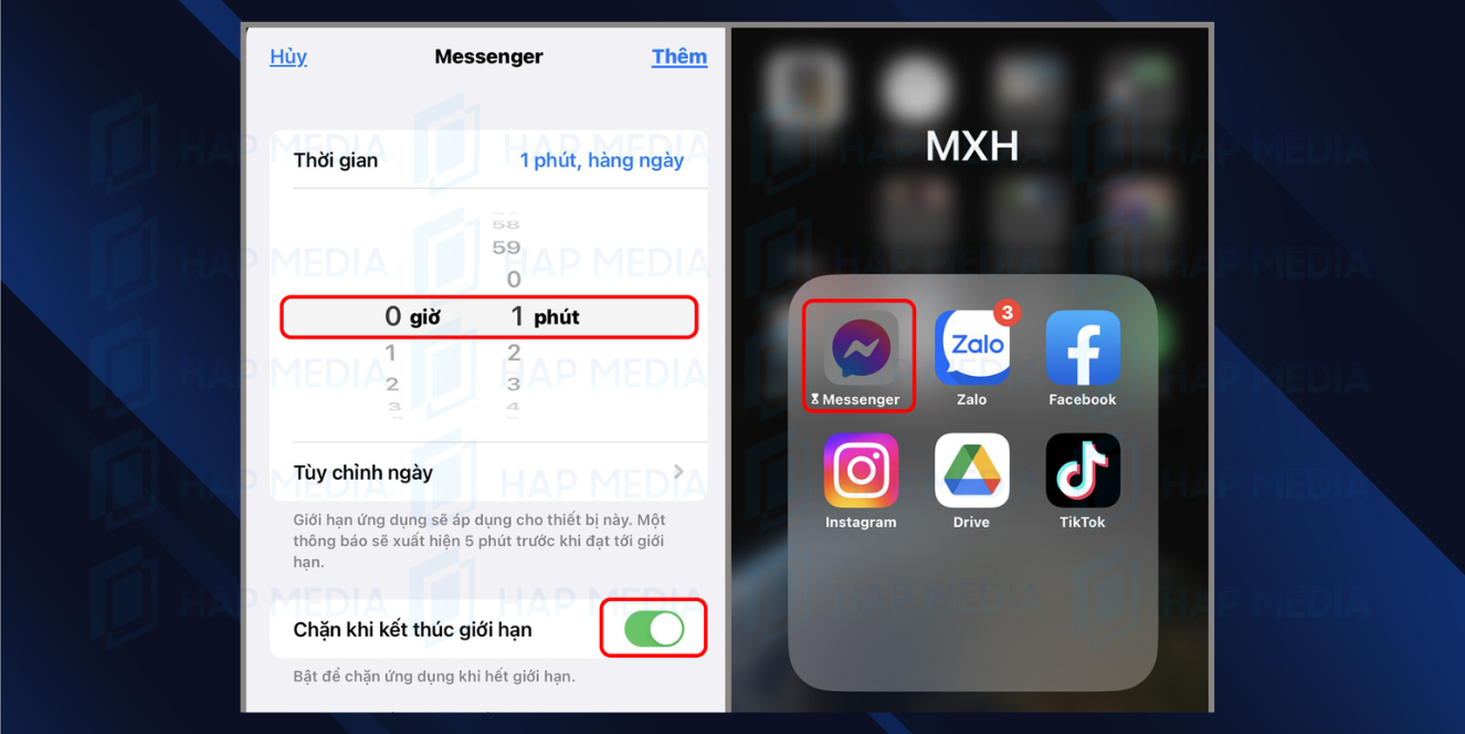 Bước 4: Đặt thời gian giới hạn ứng dụng là 1 phút và bật mục Chặn khi kết thúc giới hạn. Biểu tượng Messenger sẽ mờ đi trên màn hình chính.