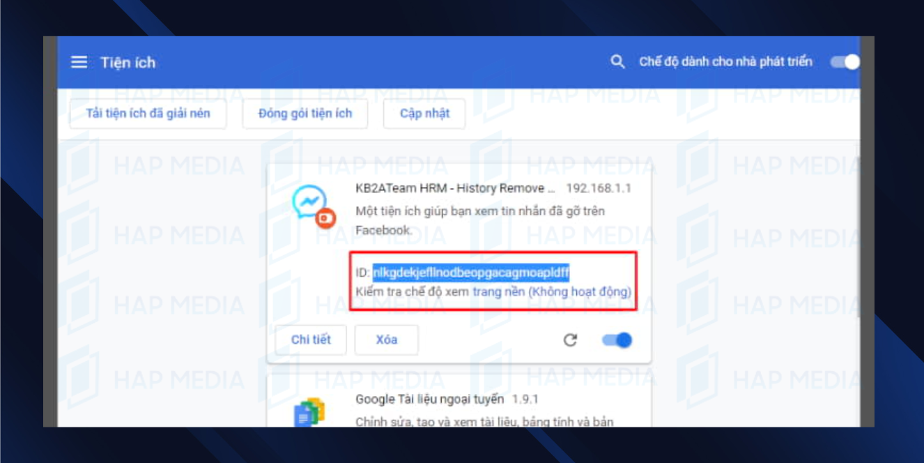 Bước 4: Copy ID của tiện ích vừa cài đặt. cách xem lại tin nhắn đã thu hồi trên messenger