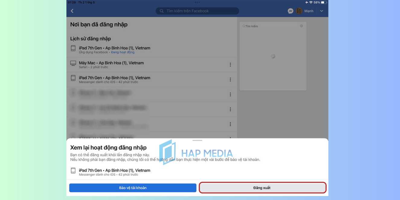 Cách đăng xuất Messenger trên iPad bằng Facebook bước 5