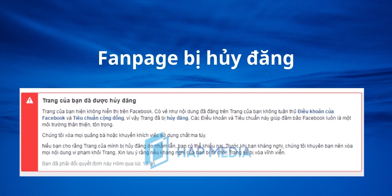 Hình ảnh: Fanpage bị hủy đăng